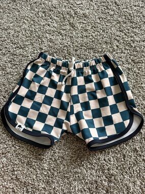 Kids Checkerboard Swim Trunks in Teal and Cream